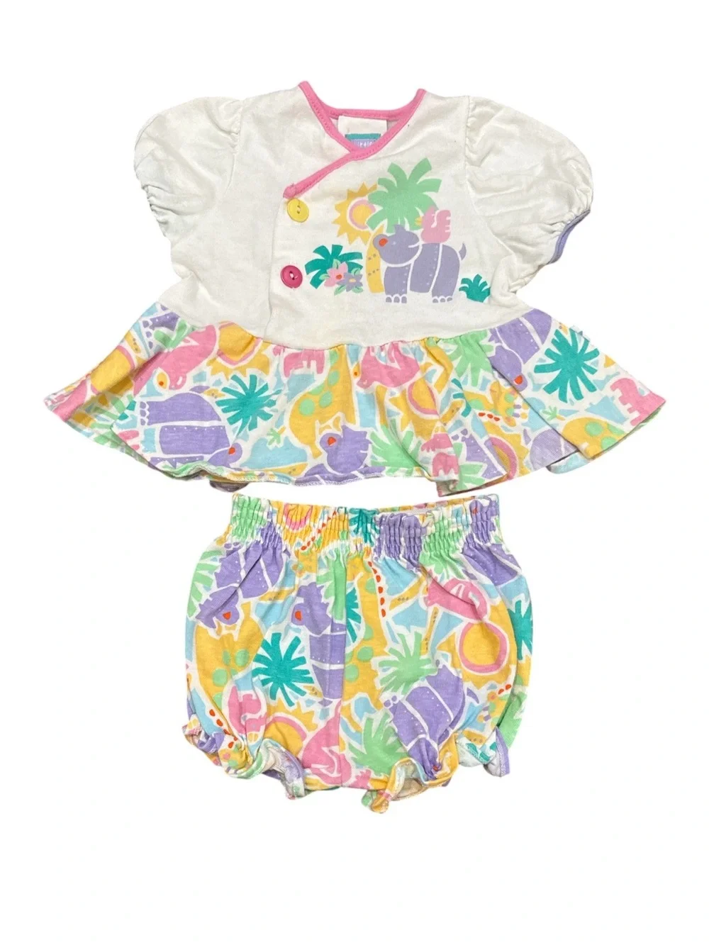 Vintage Little Me Baby Girls Pastel Animal Print Bloomer Set 2 Piece 90s